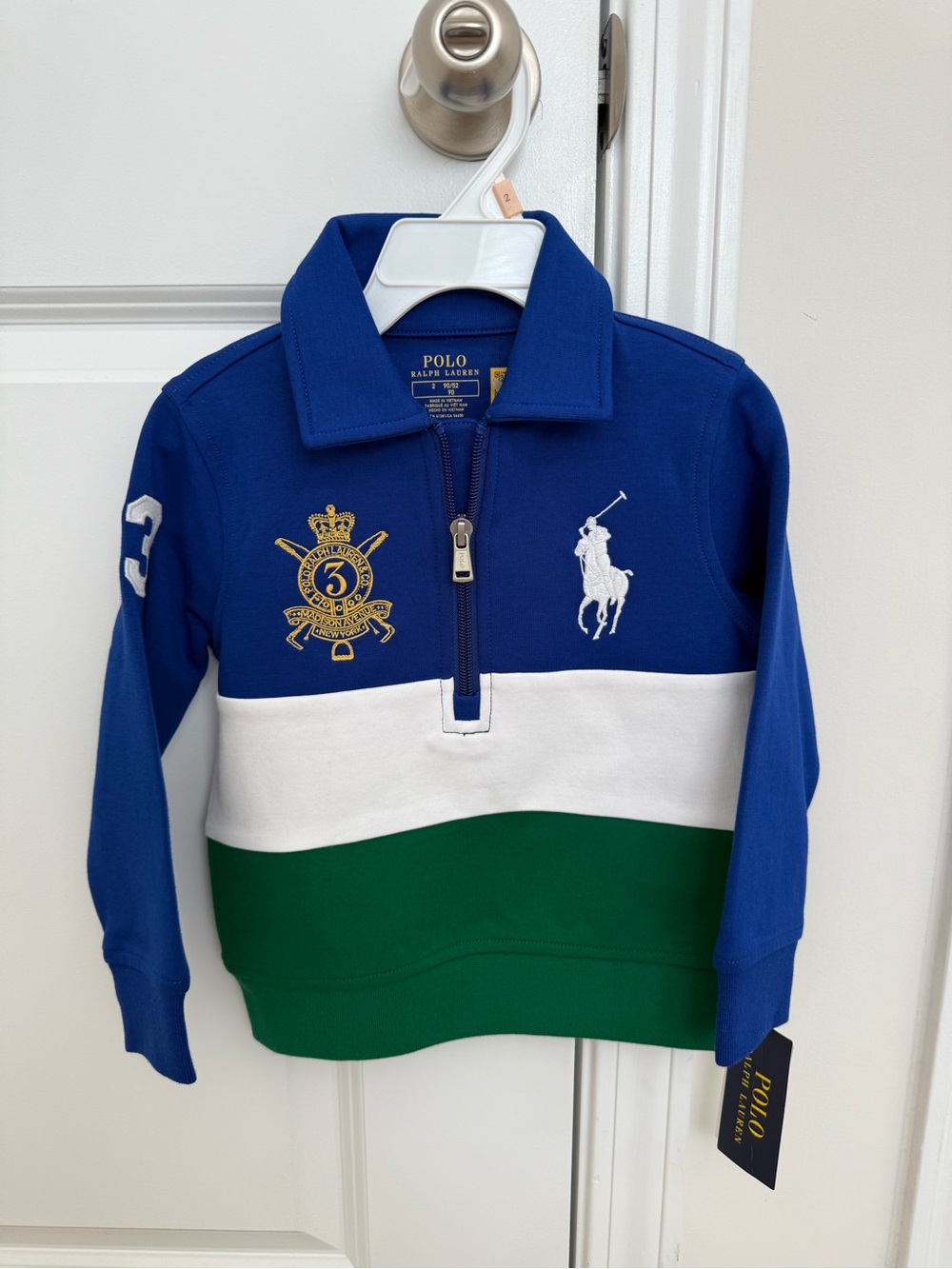 Polo by Ralph Lauren Blue White Green Colorblock Quarter-Zip Pullover size 2 boy